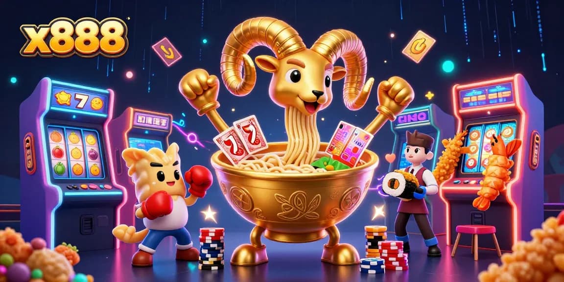 Experience x888's excitement with a vibrant 3D casino scene featuring a golden ramen bowl dealer.
