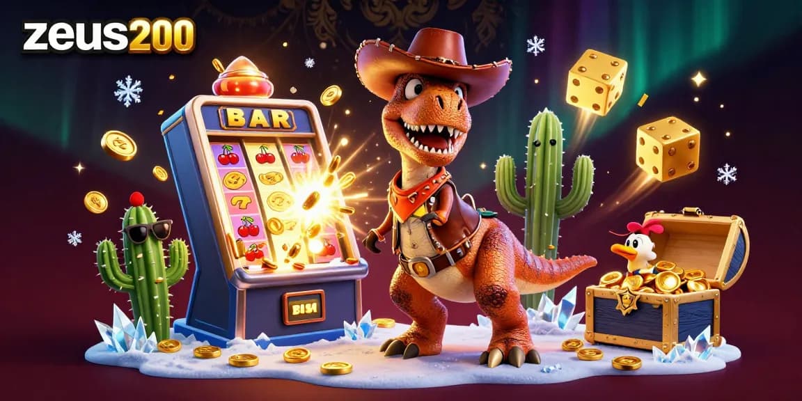 Zeus200 menampilkan karakter dino cowboy dan mesin slot yang meledak dengan koin berkilauan.