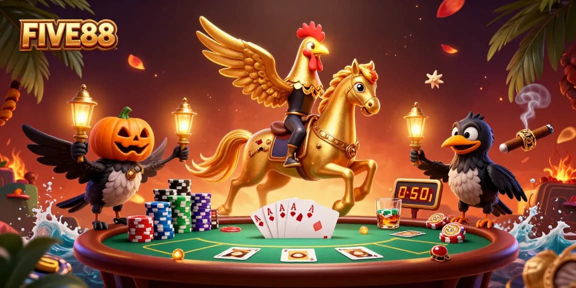 Experience FIVE88's vibrant casino adventure with a headless golden rooster and poker action.