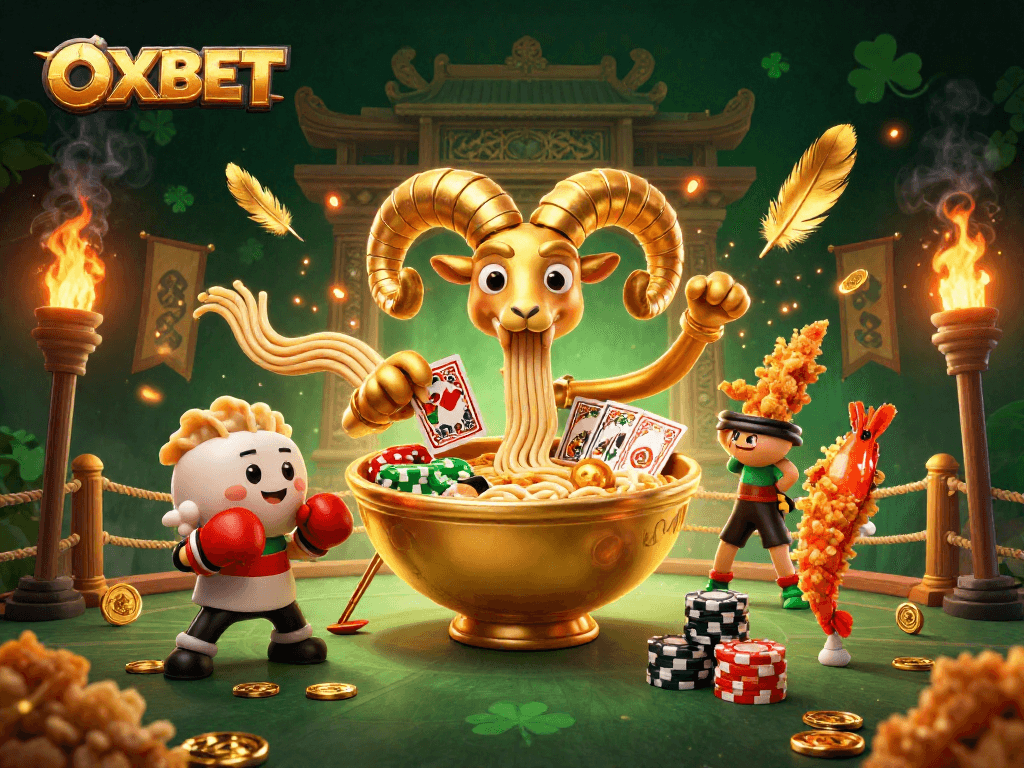 Unleash your luck with OXBET at this vibrant casino scene featuring animated characters.