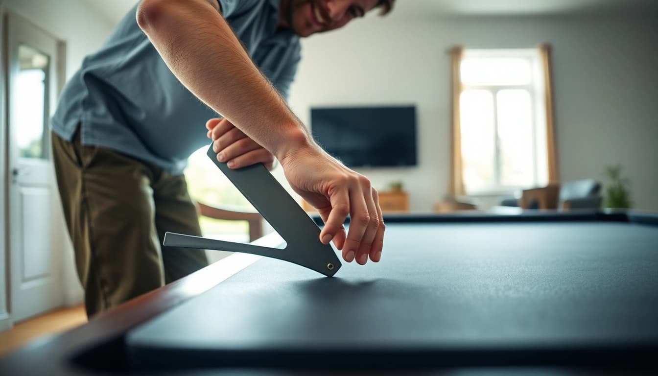 Pool table mover expertly disassembling a slate pool table in a bright room.