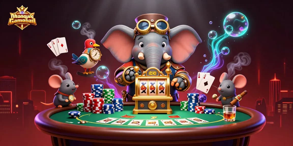 Experience strategic gameplay in nhanquagamebai with our vibrant illustration showcasing steampunk characters and poker elements.