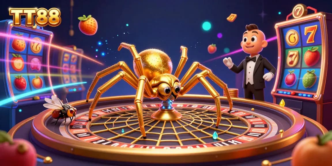 Spin to win at TT88: a golden spider spins a roulette wheel web while a fly bets nervously.