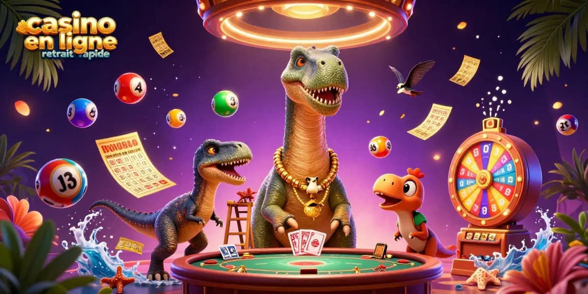 Illustrer l'expérience de jeu avec casino en ligne retrait rapide, un dinosaure et un raptor jouant aux cartes.