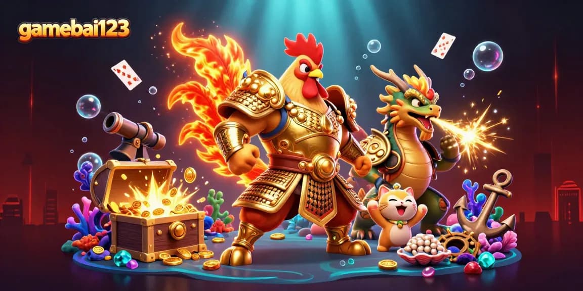 gamebai123's vibrant scene showcasing a rooster warrior, dragon hatchling, and treasures in a dynamic casino-themed adventure