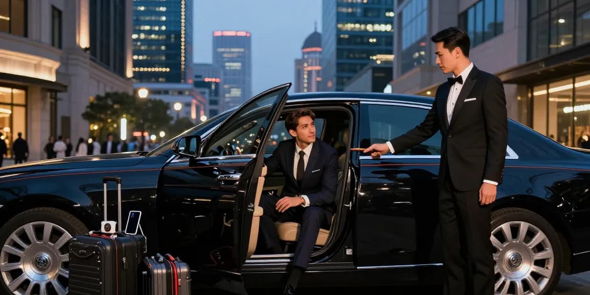 Tampilan LUXURY 777 layanan sewa mobil mewah dengan latar kota yang glamor.