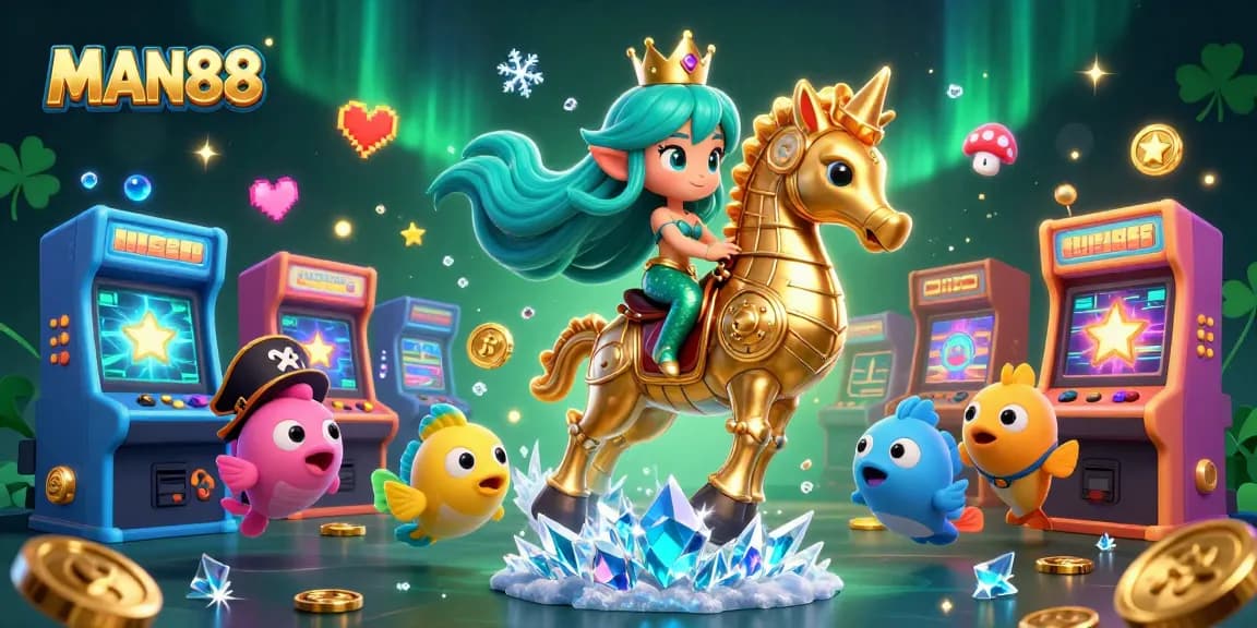 Experience thrilling gameplay at MAN88 with a vibrant casino-themed 3D illustration showcasing fun characters and rich gaming elements.