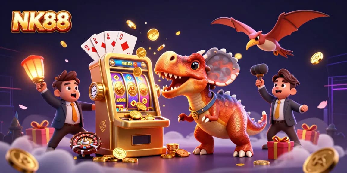 NK88 evolves gaming as a pachycephalosaurus hits a slot machine, cashing in golden coins.