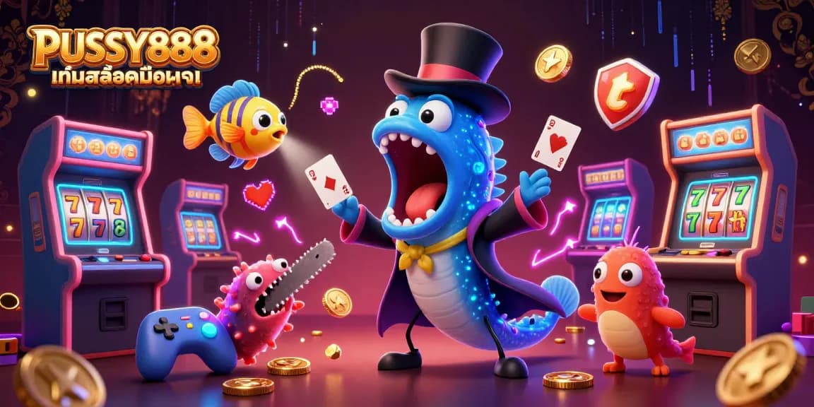 PUSSY888 เกมสล็อตมือถือ showcases a vibrant 3D scene with a deep-sea gulper eel magician, a top-hat anglerfish, and dynamic gaming elements.
