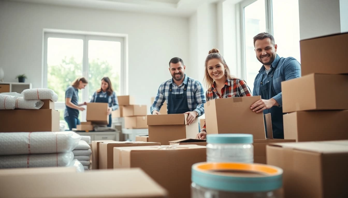 Team professionals providing reliable Professional Packing Services in a bright, organized living room.