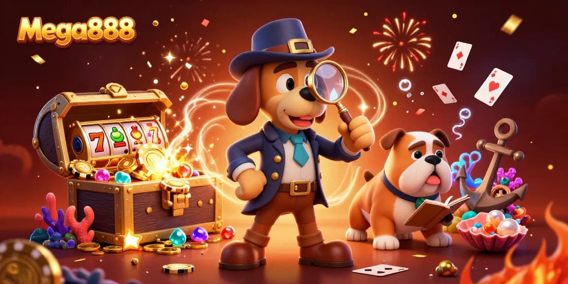 Experience thrilling gameplay with mega888 as the brave detective uncovers treasure while examining poker chips in a vibrant scene.