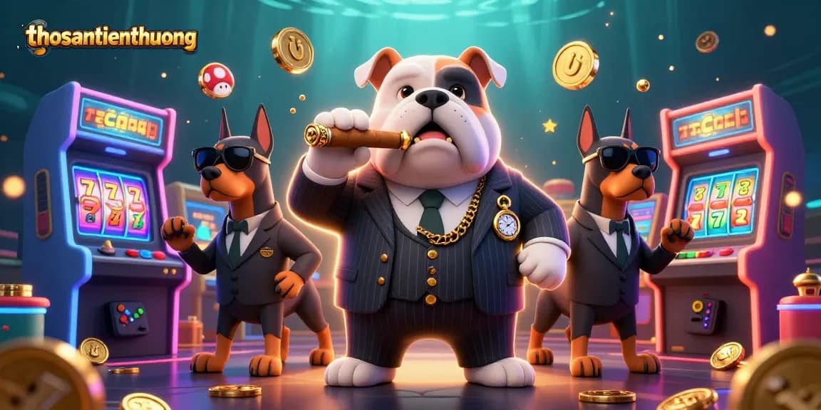 Experience thosantienthuong with a dynamic 3D casino scene featuring mafia characters and colorful gaming elements.