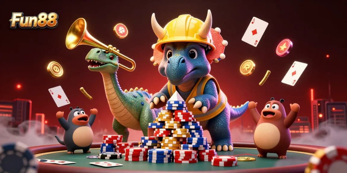 Join Fun88 for thrilling casino action as a 3D triceratops builds poker chip pyramids at a vibrant casino.