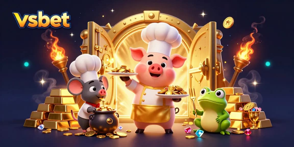 Experience the thrill of vsbet with a chef pig serving golden coins in a lively casino scene.