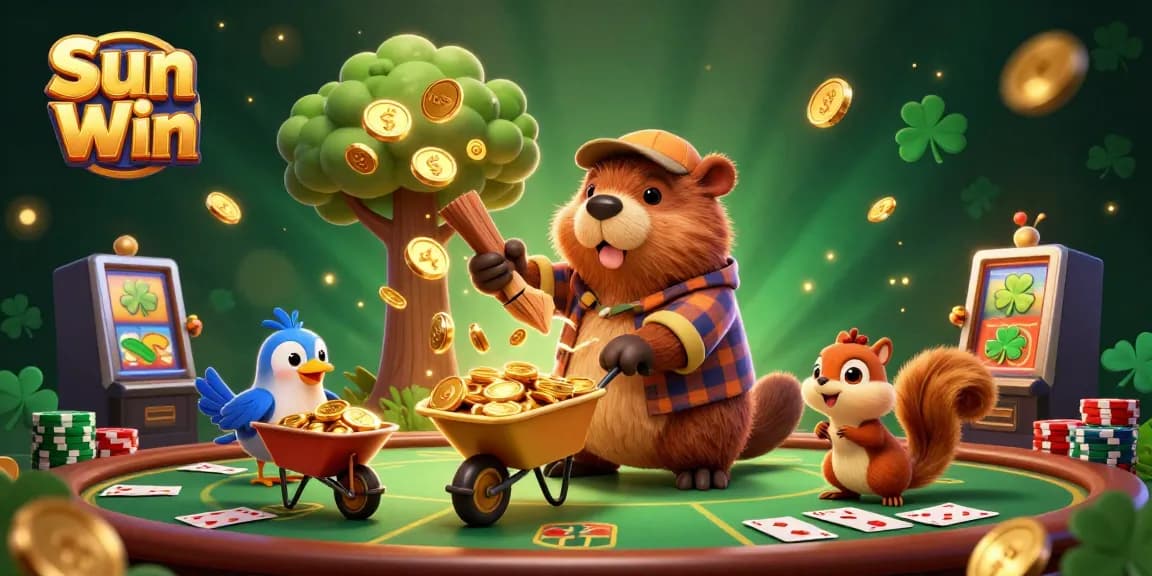 Stack coins with Sun Win's exciting casino games, featuring colorful characters and poker elements.