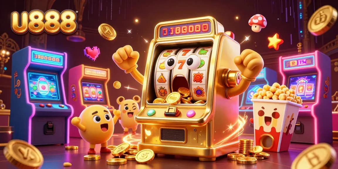 Experience exciting gameplay with u888 as the golden slot machine hits a jackpot, surrounded by cheering machines.