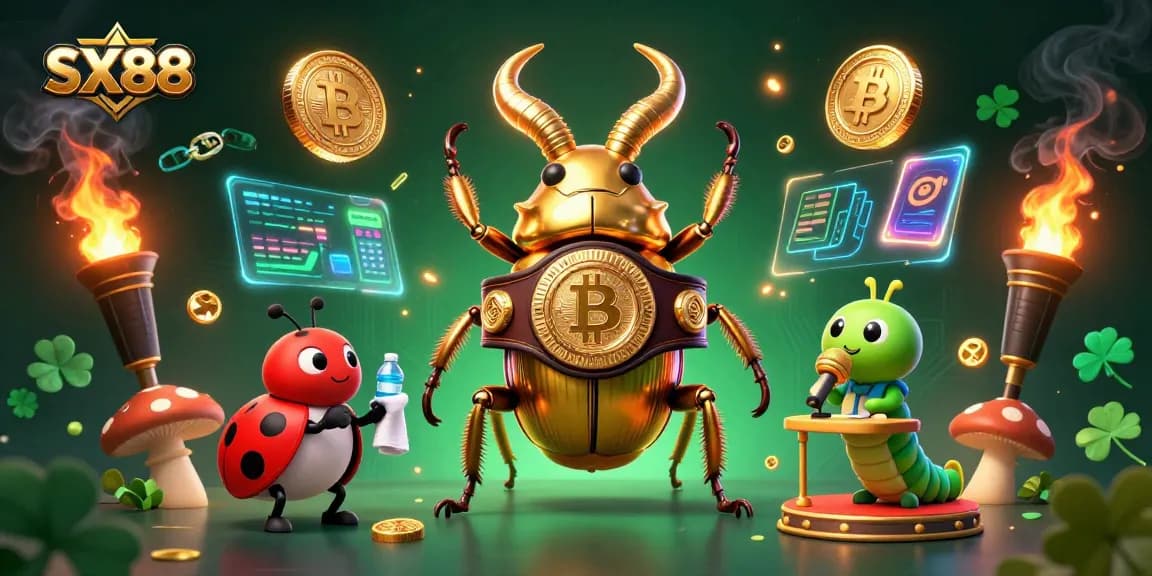 SX88 giant beetle boxing champion in a vibrant digital casino scene with cryptocurrency elements.