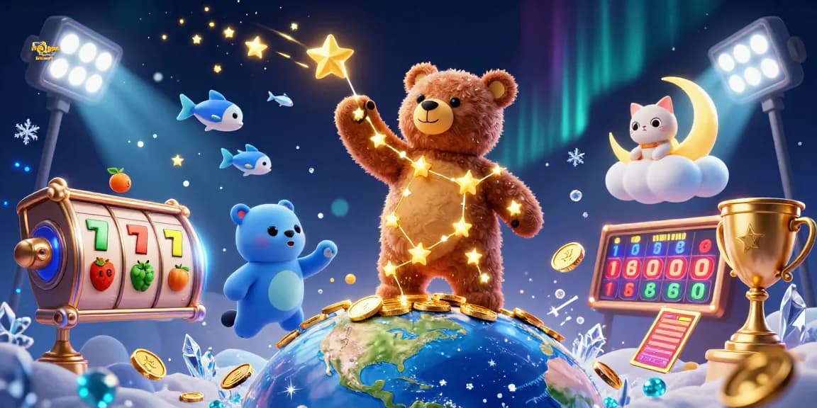 Jouez au meilleur casino en ligne suisse avec une scène colorée de personnages ludiques et d'éléments de machine à sous.