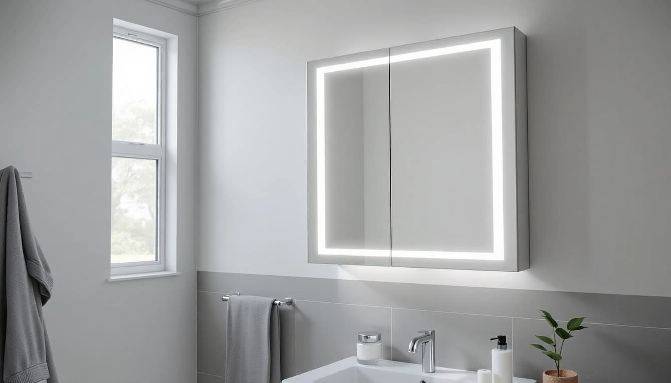 Spiegelschrank Bad mit Beleuchtung in modernem Badezimmer, stilvoll präsentiert und beleuchtet.