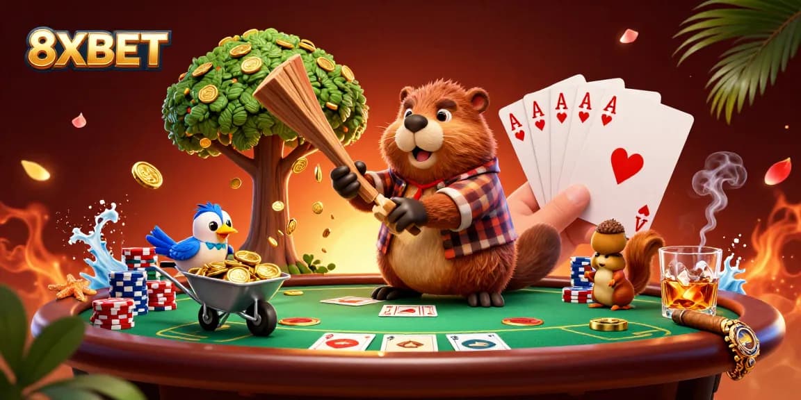 Experience thrilling wins at 8XBET with playful characters enjoying poker and collecting coins.