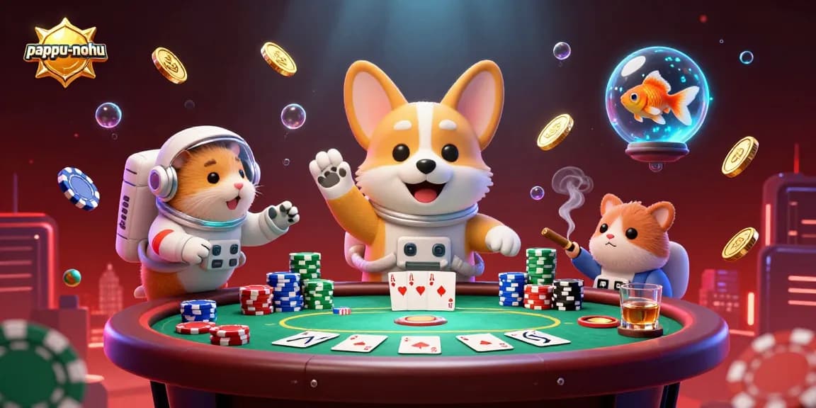 Pappu-nohu showcases an astronaut corgi in a vibrant space casino, engaging in poker action amidst drifting chips and coins.