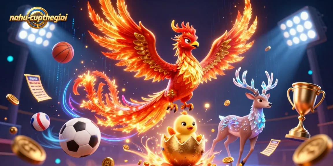 Nohu-cupthegioi features vibrant phoenixes and sports elements, showcasing exciting gambling dynamics.