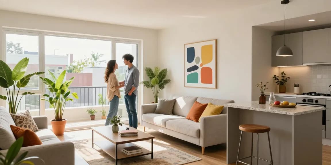 Espacio moderno de Woning Unie, pareja disfrutando de un apartamento luminoso y acogedor.