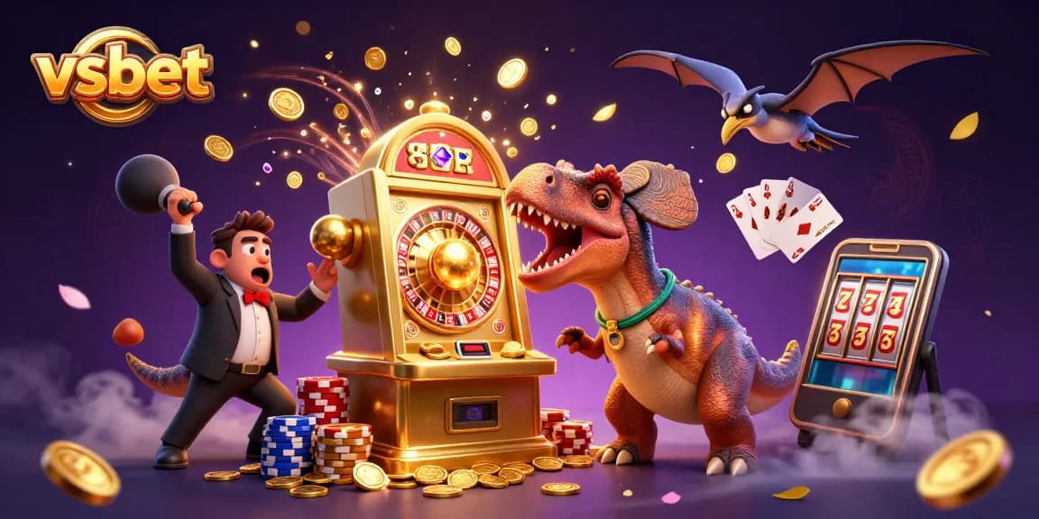 Experience the thrill of vsbet as cartoon dinosaurs engage in epic casino action, winning coins and excitement.