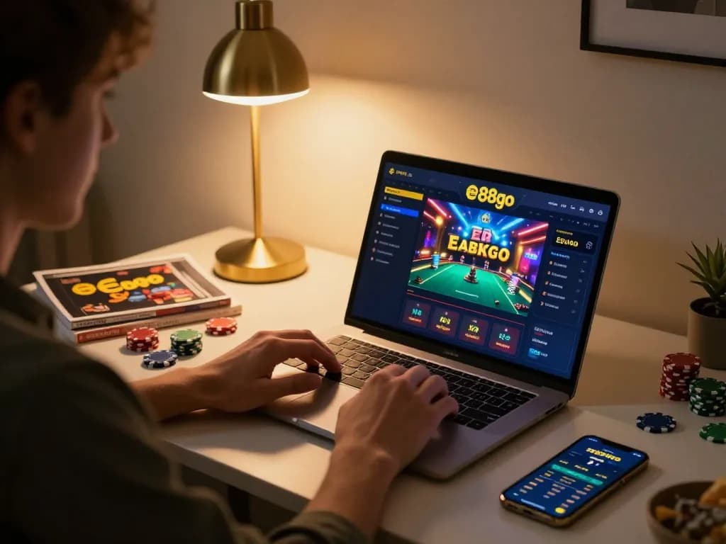 Player engaging in online gaming on ee88go platform, focused on laptop with colorful casino interface.