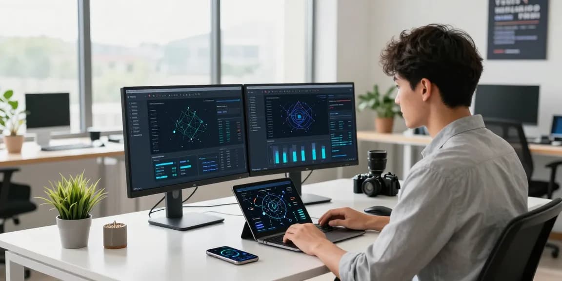 Young professional optimizing 快连 network performance at a modern workspace with dual monitors.