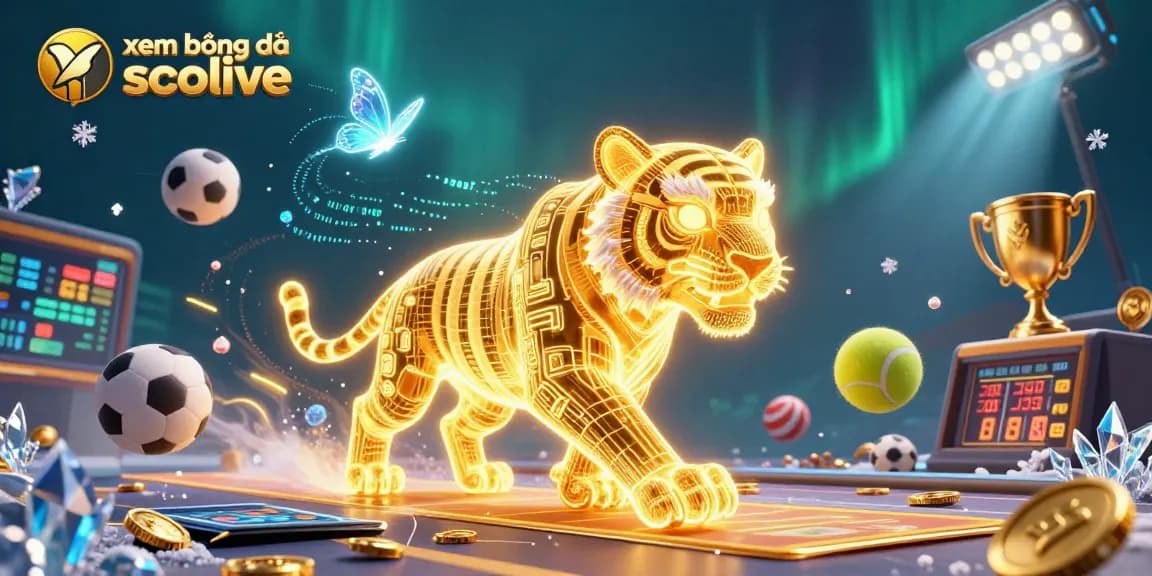 Experience xem bóng đá socolive with vibrant 3D illustration of a glowing tiger in a dynamic casino filled with sports elements.