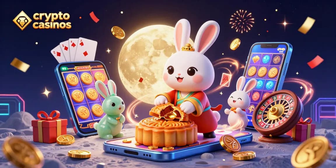 Jouez aux crypto casinos avec un lapin lunaire préparant des fonds de jeu, illustrant une aventure ludique.