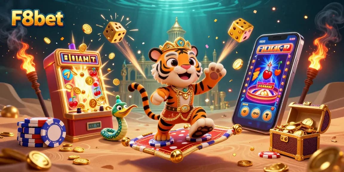 Experience the thrill of F8bet with a dynamic casino scene featuring lavish elements and characters.