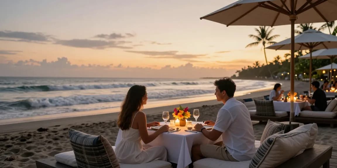 Momen romantis menikmati LUXURY 777 di resor mewah tepi pantai Bali saat matahari terbenam.