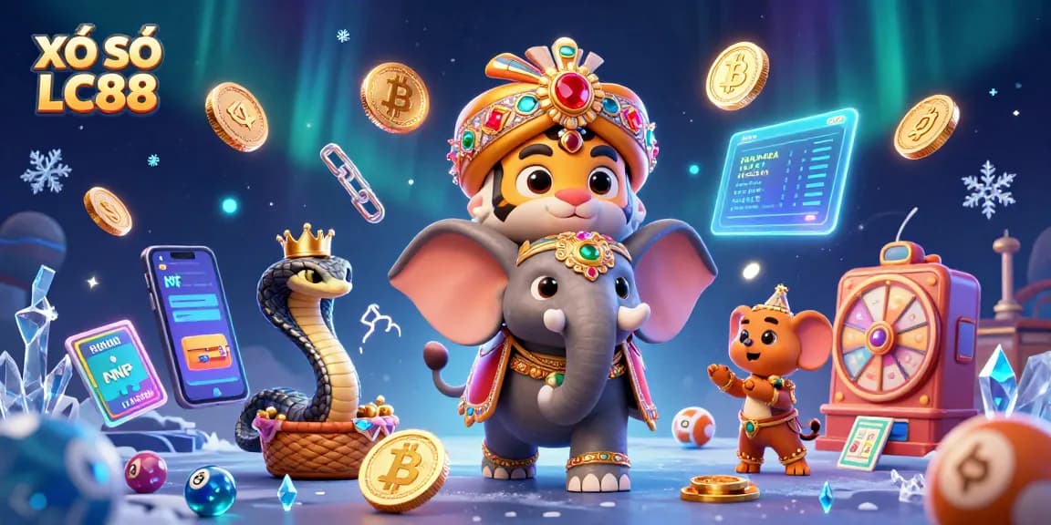 XỔ SỐ LC88 showcases thrilling lottery play experience with vibrant characters, crypto coins, and prize elements.
