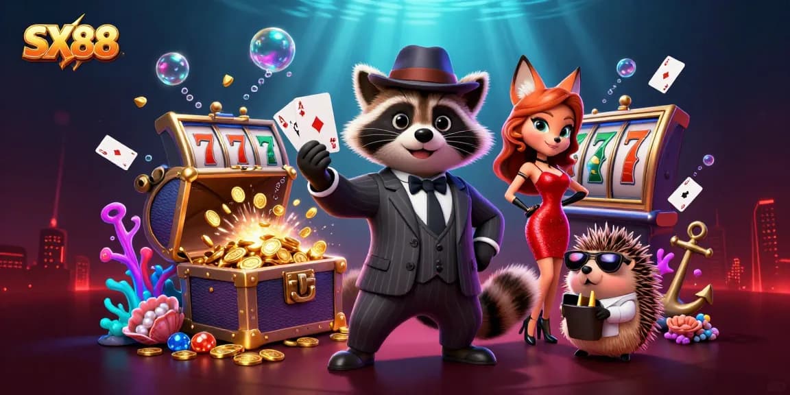 SX88 showcases thrilling gameplay with a suave raccoon, beautiful fox, and hedgehog amidst a treasure-filled underwater scene.