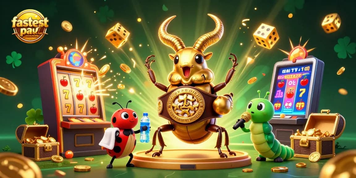 Fastest payout online casino Canada scene with a giant stag beetle in a boxing belt and vibrant casino elements.
