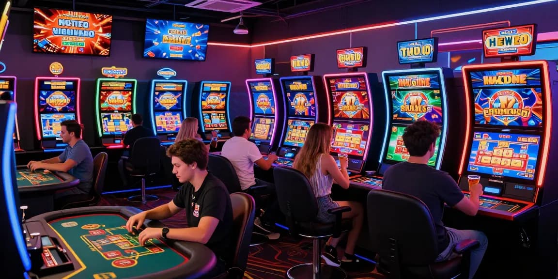 Scena coinvolgente di giocatori diversi ai migliori casino online, che si divertono con giochi vivaci e azioni di dealer dal vivo.