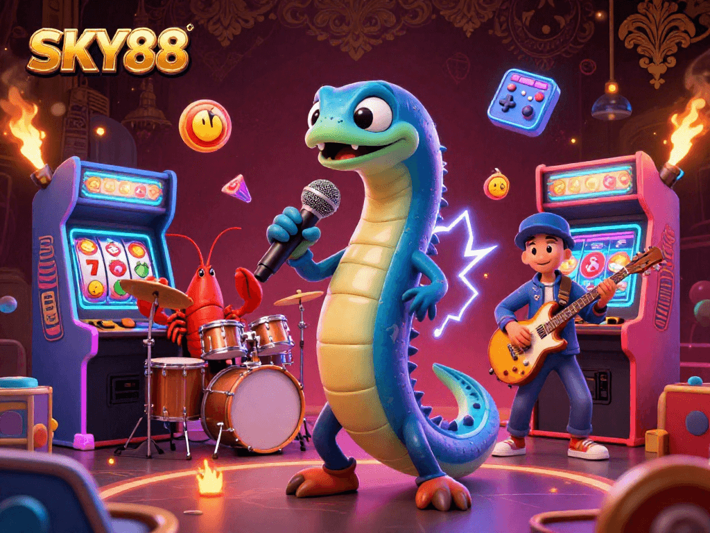 Engaging underwater performance by SKY88, featuring an electric eel DJ, lobster drummer, seahorse guitarist, and vibrant casino elements.