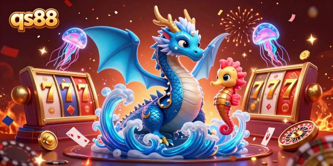 Win big at qs88 with a vibrant 3D illustration featuring a dragon and interactive casino elements.