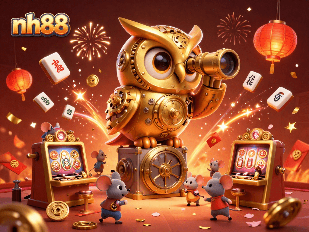 Enjoy the vibrant nh88 casino atmosphere as a golden owl surveys the lively slots.