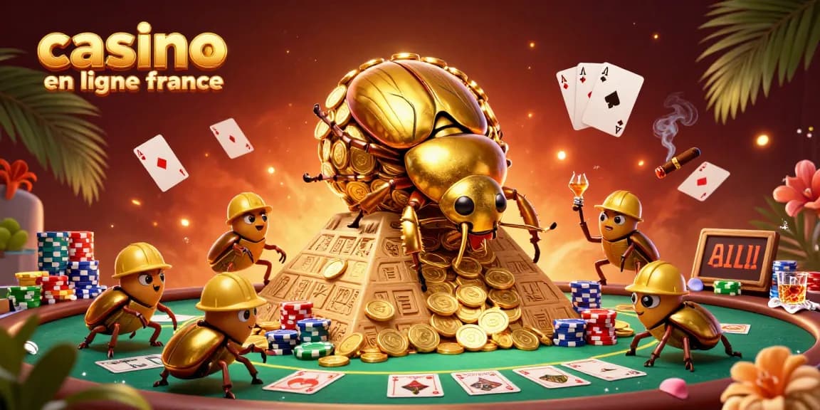 Immergez-vous dans le casino en ligne France avec une illustration dynamique de scarabées d'or entourés de jetons et de cartes.