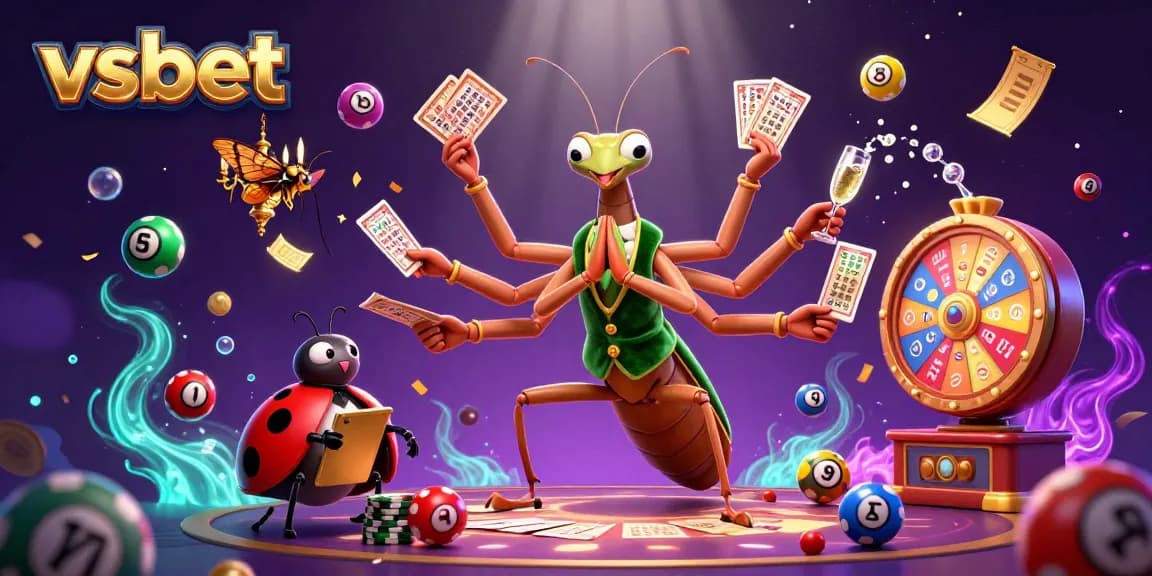 Engaging vsbet 3D illustration showcasing a lively casino scene with vibrant graphics and animated lottery elements.