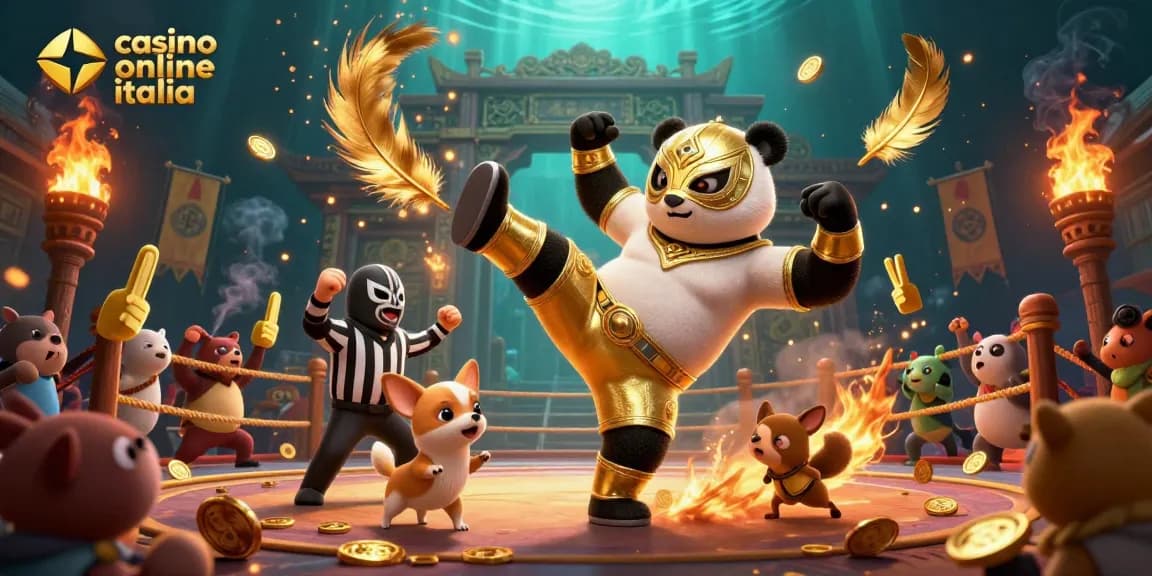 Risorsa visiva per casinò online Italia con panda lottatore e pubblico esultante.