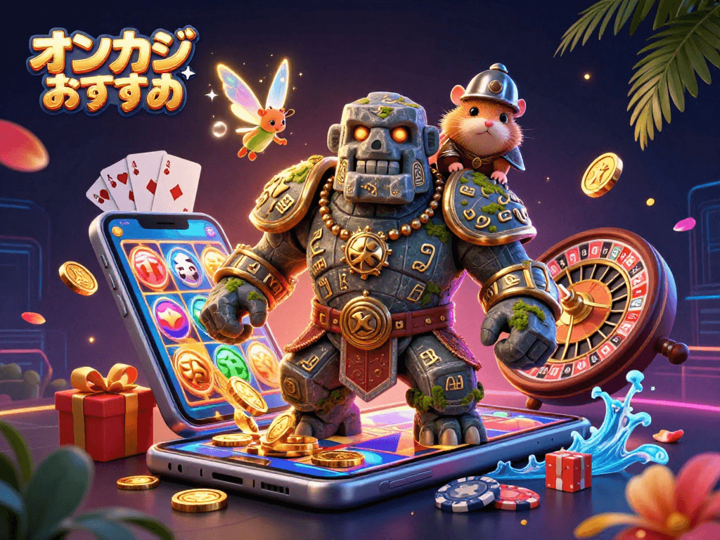 オンカジ おすすめのカジノアプリを楽しむ3Dイラスト、スロットとルーレットが飛び交うシーン。