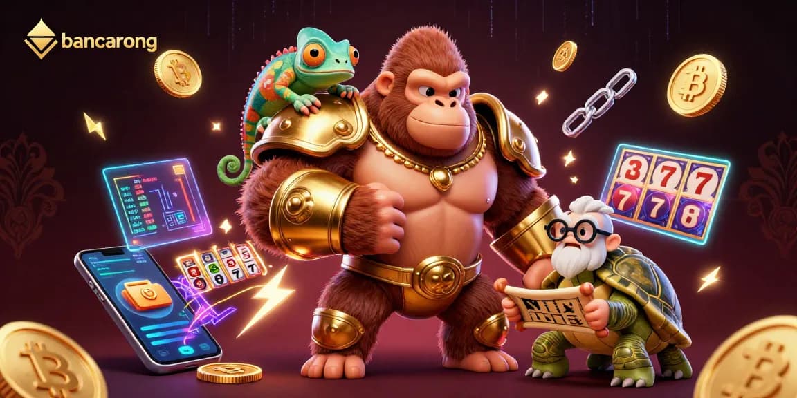 Baccarat adventures await with bancarong's vibrant gaming scene showcasing a gorilla king and crypto elements.