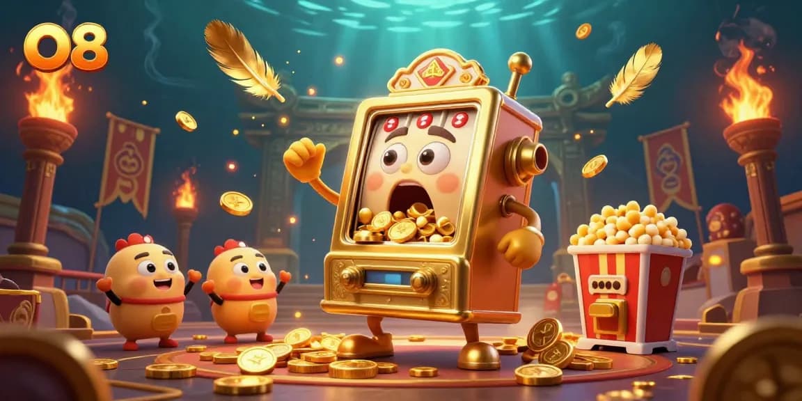 O8 slot machine hits a jackpot while coins fly, creating an energetic casino atmosphere.
