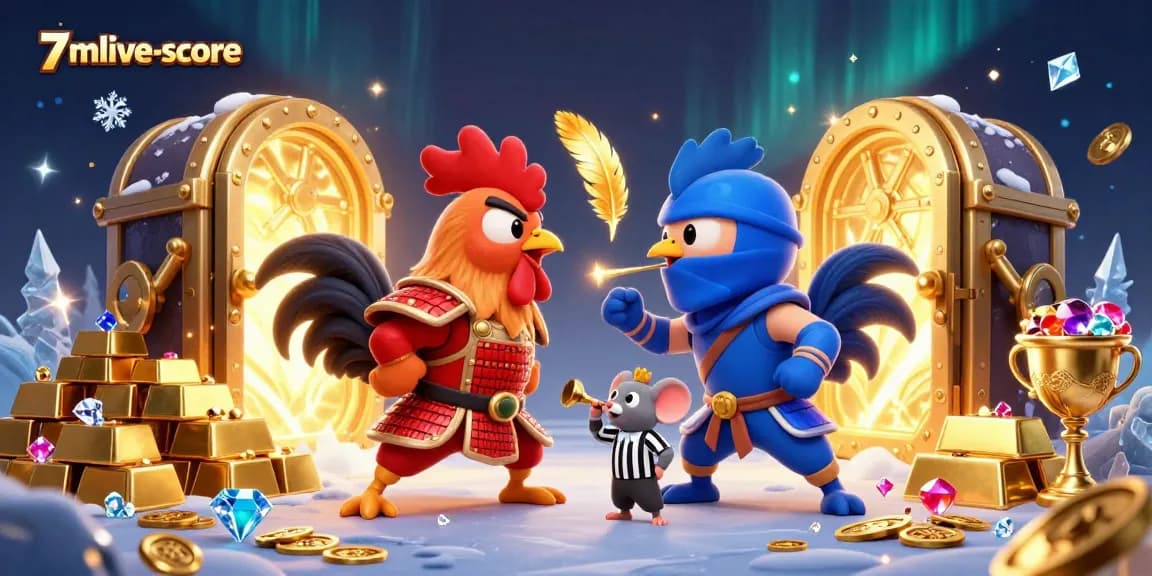 Experience thrilling action with 7mlive-score as cartoon roosters battle amidst treasures in a vibrant casino atmosphere.