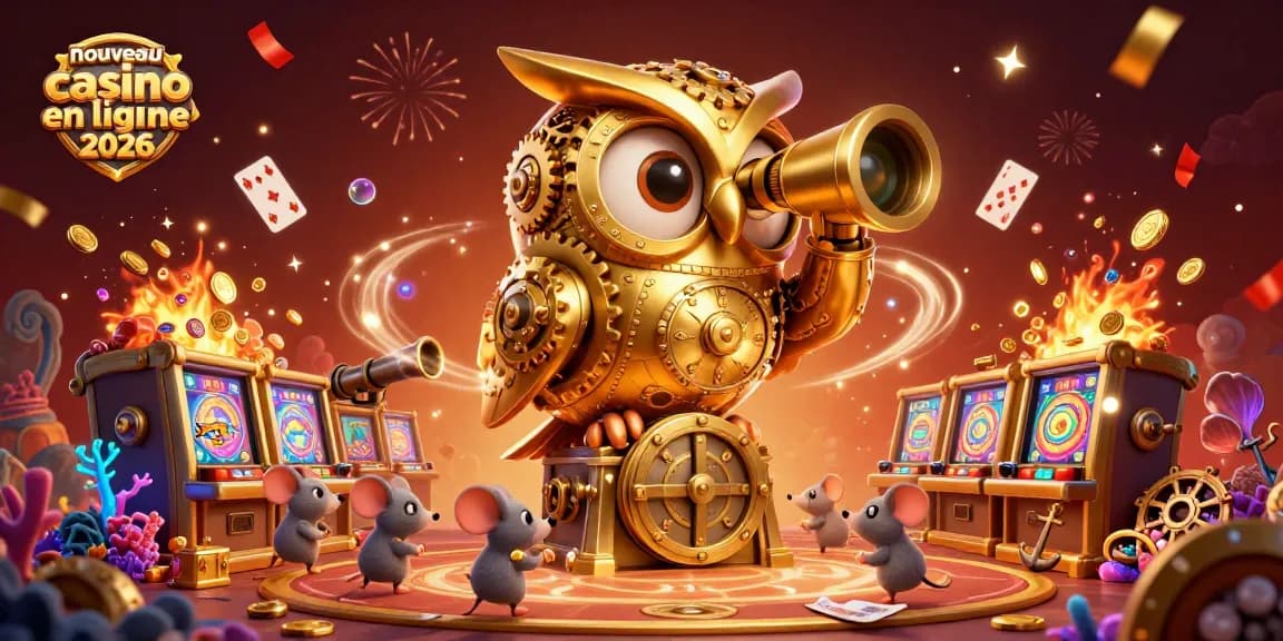 Découvrez un nouveau casino en ligne 2026 avec une illustration captivante de jeux et de patrons animés.