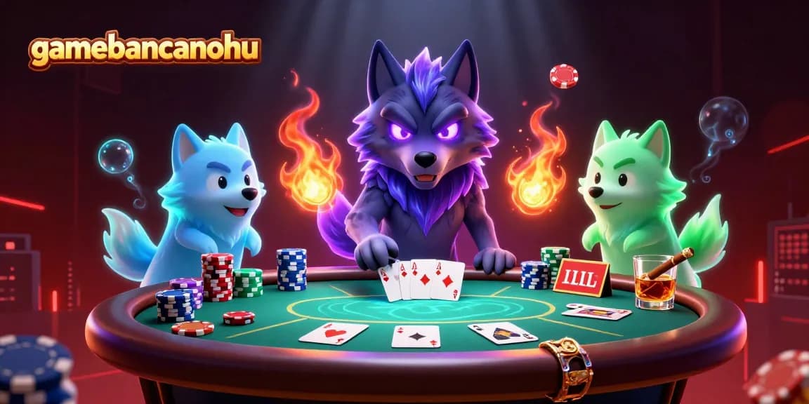 Experience thrilling poker action with gamebancanohu's spectral wolves at a vibrant casino scene.